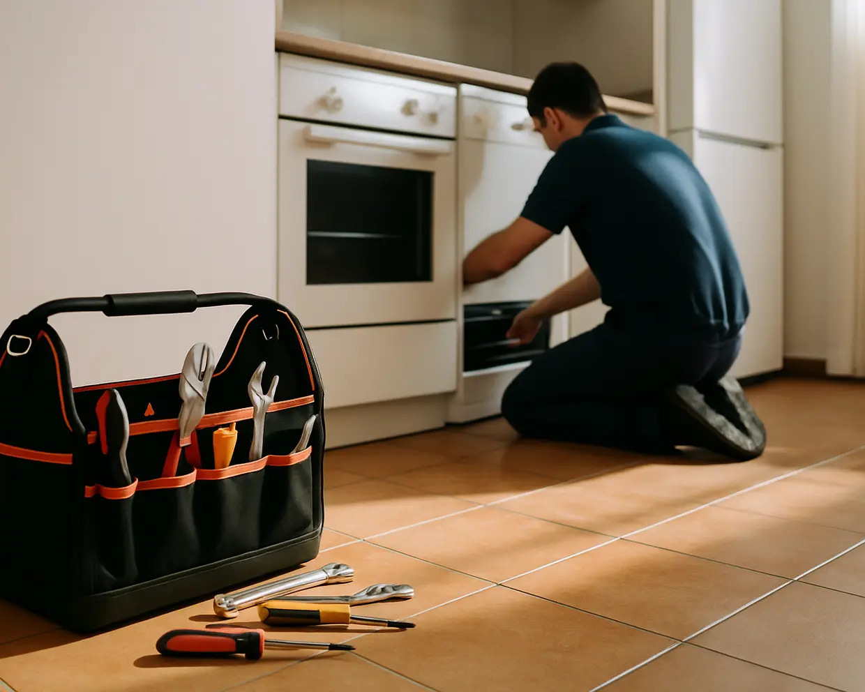 Bolsa de herramientas delante de varios electrodomésticos de cocina